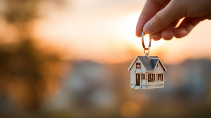 Hand holding a miniature house keychain against a blurred sunset background representing home ownership and property purchase