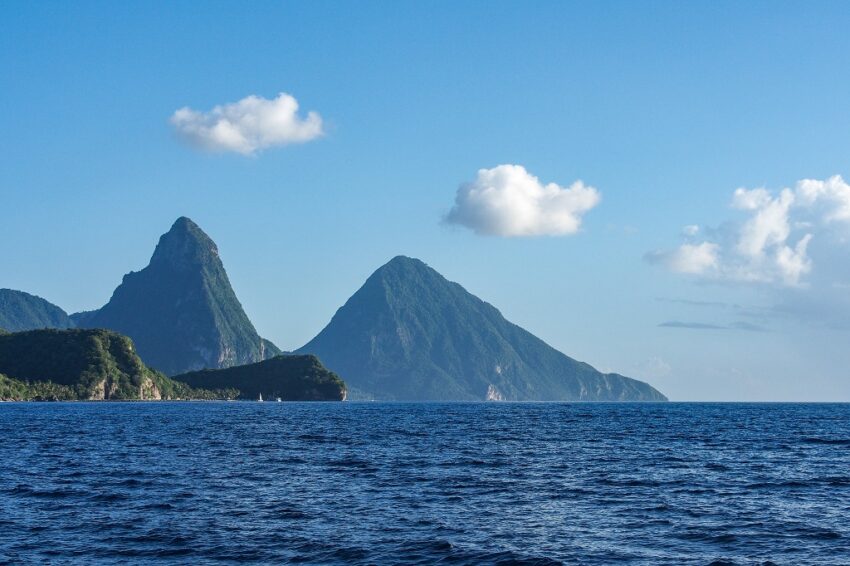 Gros Piton and Petit Piton viewed from the sea on a clear day
