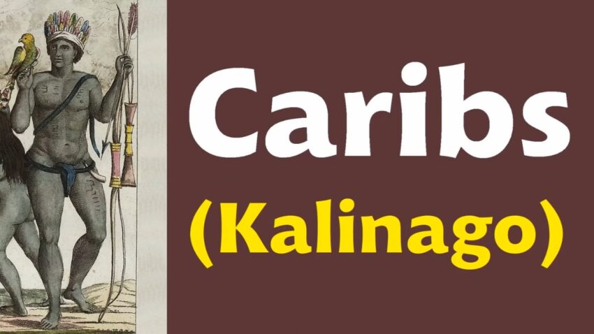 Historical Kalinago figure beside Caribs and Kalinago title text