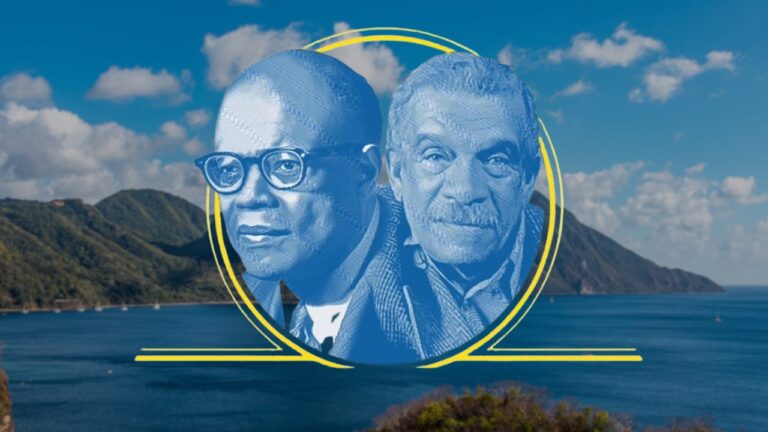 Saint Lucia’s Nobel Laureates appear in blue over the island coast