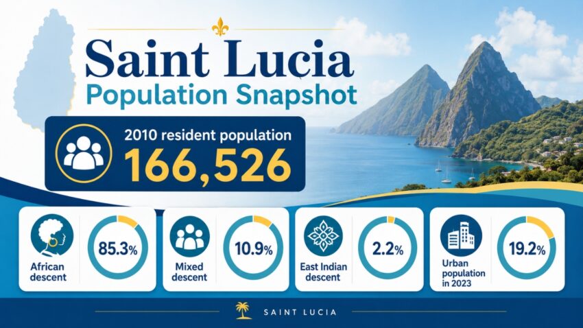 Saint Lucia population infographic with resident count, ethnic data, urban share, and a Pitons backdrop
