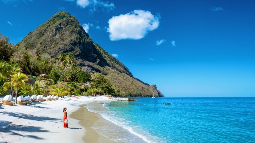 Sugar Beach with Gros Piton and turquoise Caribbean waters in St. Lucia