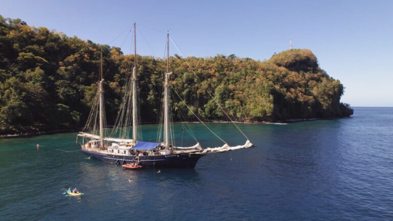 A tall yacht anchors in blue water near the St. Lucia coast