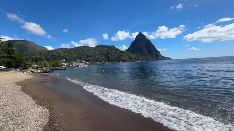 St. Lucia beach view with the Pitons and calm blue water