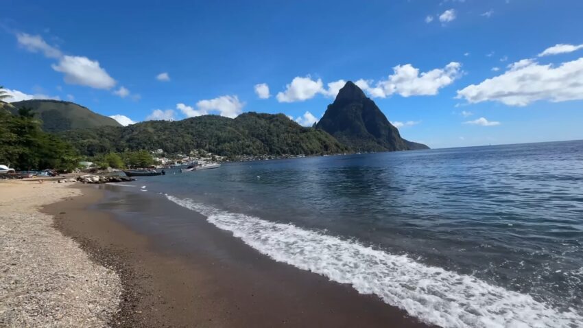St. Lucia beach view with the Pitons and calm blue water