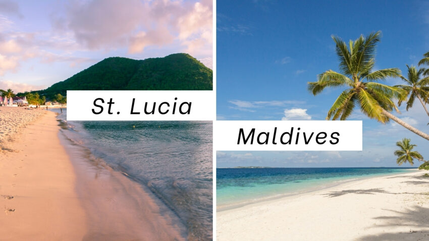 A side-by-side beach view compares St. Lucia with the Maldives