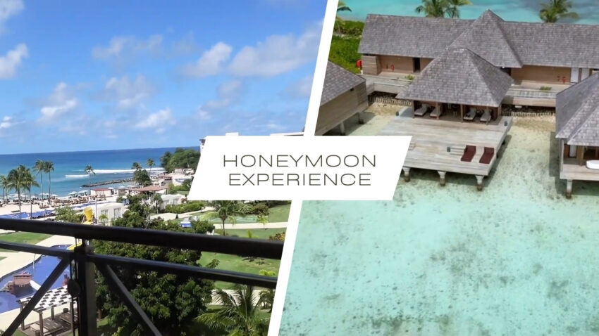 A split view compares a St. Lucia beach resort with a Maldives overwater villa for a honeymoon