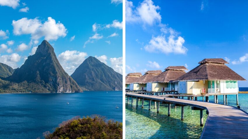 St. Lucia’s Pitons sit beside Maldives overwater villas in a tropical honeymoon comparison
