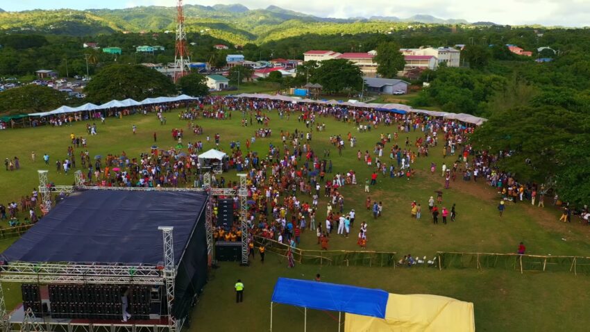 Crowds gather around a festival stage during a Jounen Kwéyòl celebration in Saint Lucia