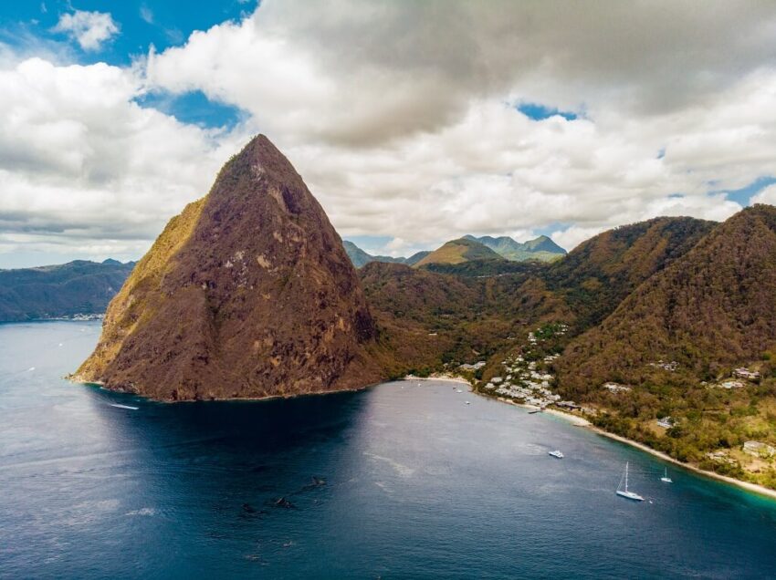 Aerial view of Gros Piton rising above the Caribbean coastline in St. Lucia