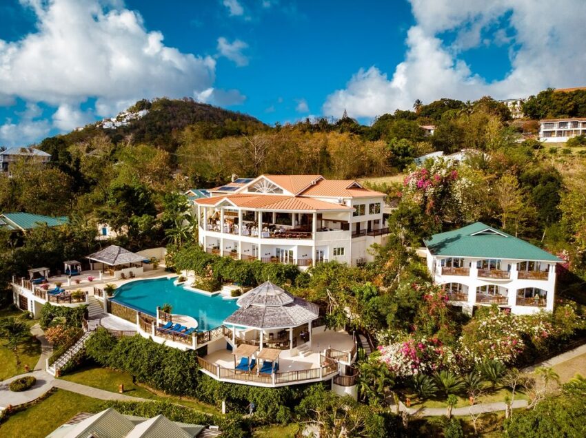 View from above at the tropical island St Lucia with hotels