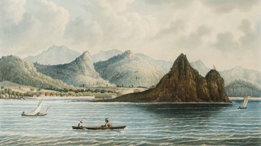 Historic view of St. Lucia’s coast with boats and rugged mountains