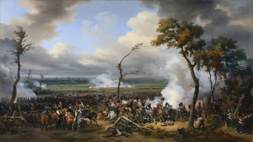Historic battlefield scene with soldiers and cannon smoke