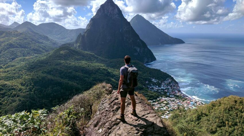 Hiker standing on a mountain ridge overlooking Gros Piton, the Caribbean Sea, and coastal villages in Saint Lucia