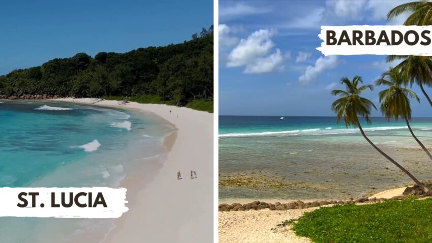 A split image compares a quiet St. Lucia beach with a palm-lined Barbados shore