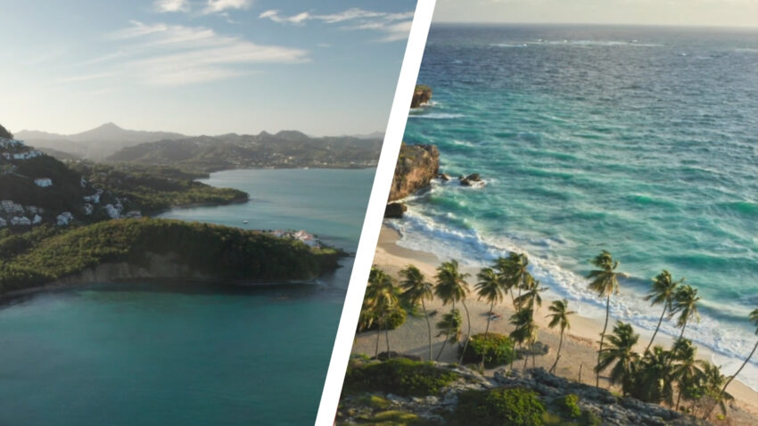 A split view shows St. Lucia’s green coastline beside a palm-lined Barbados beach